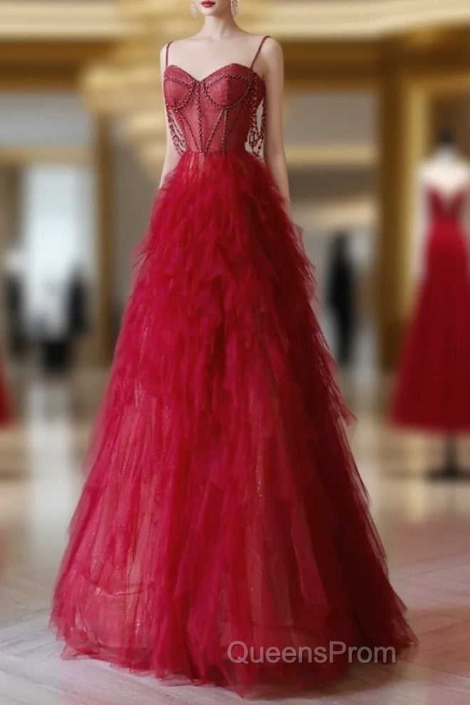 A-Line Sweetheart Neck Tulle Beads Burgundy Long Evening Prom Dress Main image