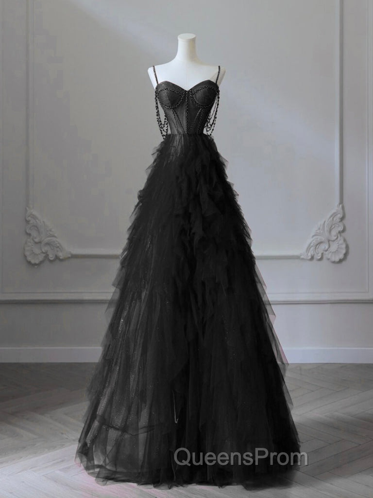 A-Line Sweetheart Neck Tulle Black Long Evening Prom Dress, Black Long Graduation Dress with Beads Secondary image