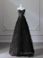 A-Line Sweetheart Neck Tulle Black Long Evening Prom Dress, Black Long Graduation Dress with Beads
