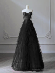 A-Line Sweetheart Neck Tulle Black Long Prom Dress, Black Long Graduation Dress with Beads