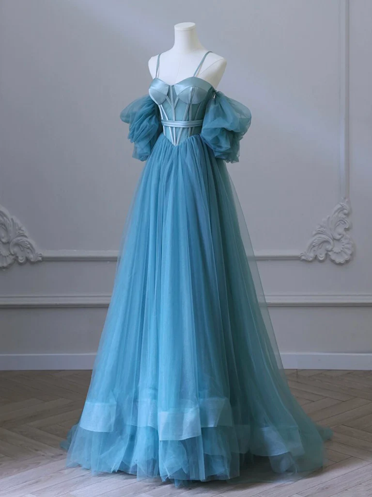 A-Line Sweetheart Neck Tulle Blue Long Prom Dress Secondary image