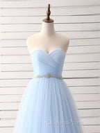 A-Line Sweetheart Neck Tulle Blue Long Evening Prom Dress, Blue Long Bridesmaid Dress