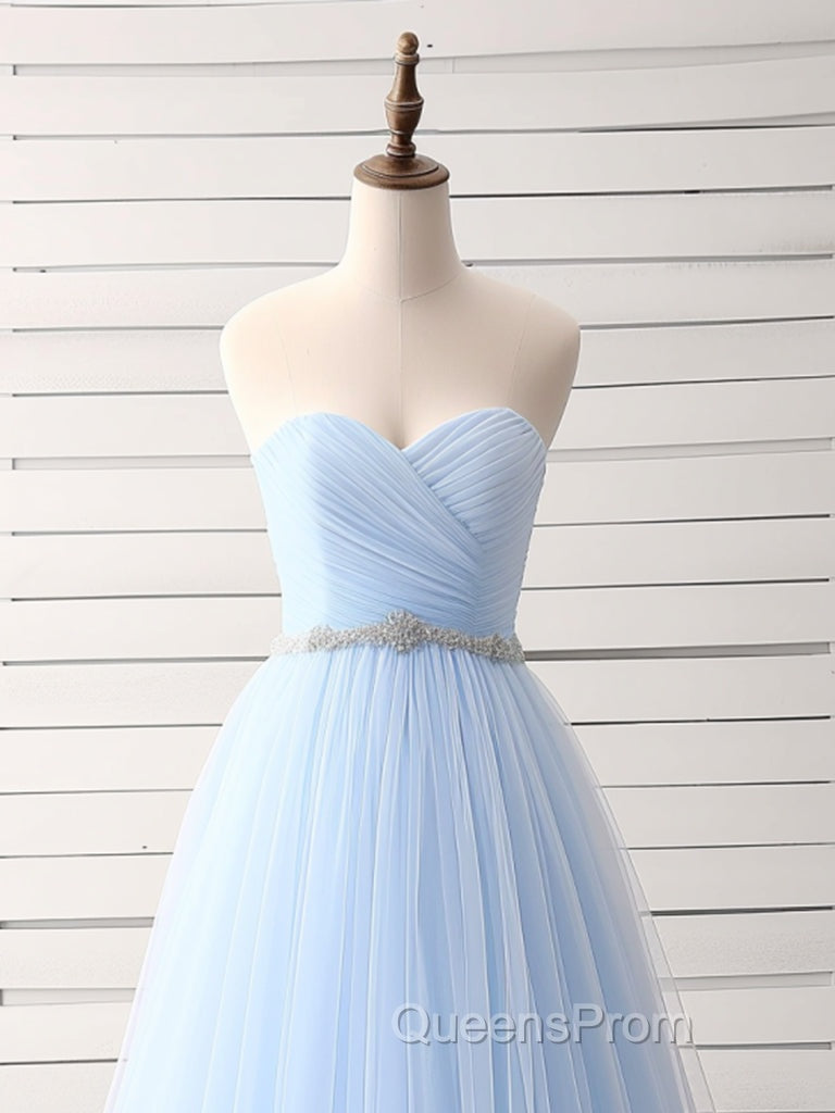 A-Line Sweetheart Neck Tulle Blue Long Evening Prom Dress, Blue Long Bridesmaid Dress