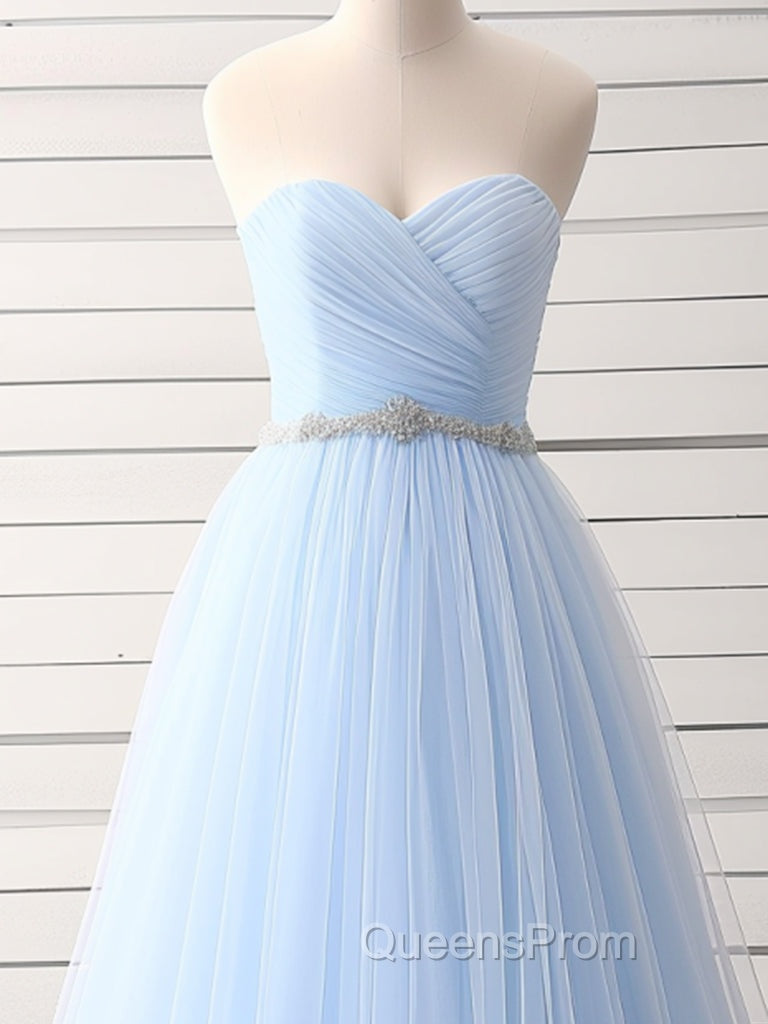A-Line Sweetheart Neck Tulle Blue Long Evening Prom Dress, Blue Long Bridesmaid Dress