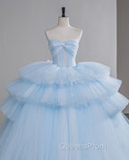 A-Line Sweetheart Neck Tulle Blue Long Evening Prom Dress, Blue Long Evening Gown
