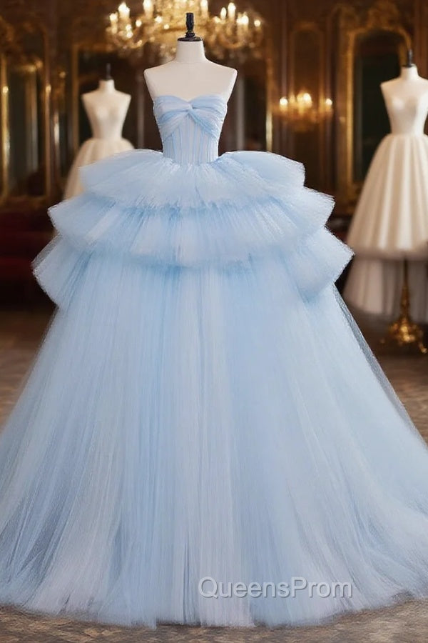 A-Line Sweetheart Neck Tulle Blue Long Evening Prom Dress, Blue Long Evening Gown Main image