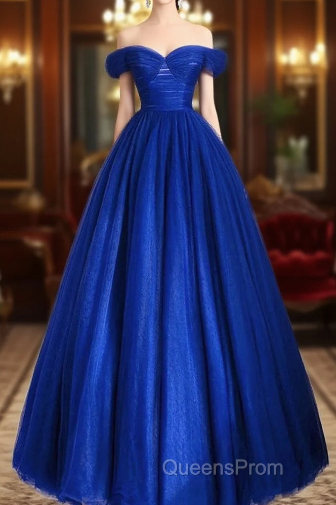 A-Line Sweetheart Neck Tulle Blue Long Evening Prom Dress, Blue Long Formal Dress Main image