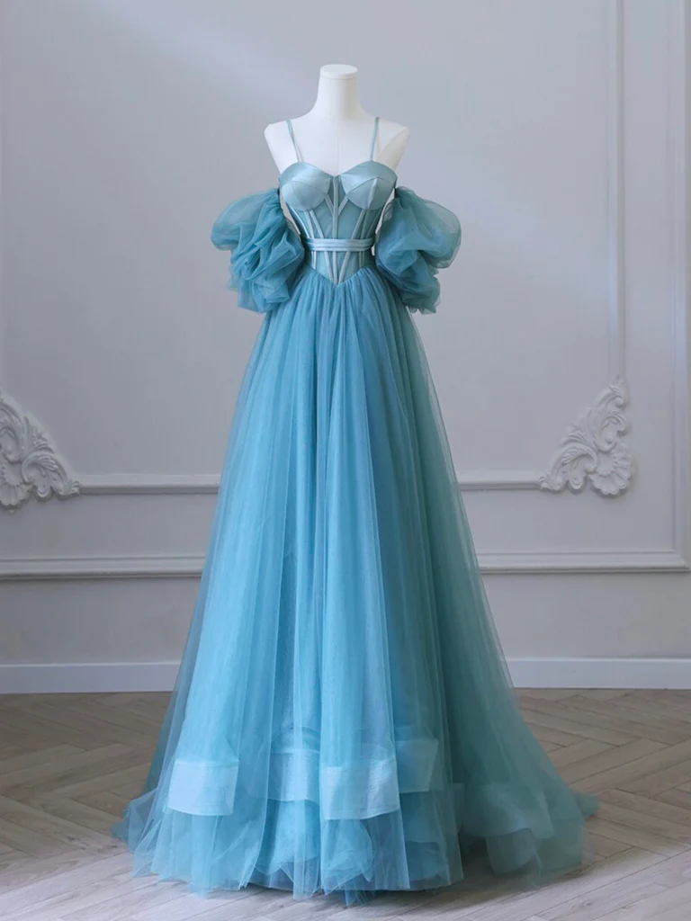 A-Line Sweetheart Neck Tulle Blue Long Prom Dress Main image