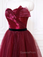 A-Line Sweetheart Neck Tulle Burgundy Long Evening Prom Dress, Burgundy Long Evening Dress