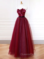 A-Line Sweetheart Neck Tulle Burgundy Long Evening Prom Dress, Burgundy Long Evening Dress