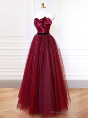 A-Line Sweetheart Neck Tulle Burgundy Long Prom Dress, Burgundy Long Formal Dress
