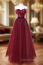 A-Line Sweetheart Neck Tulle Burgundy Long Evening Prom Dress, Burgundy Long Evening Dress
