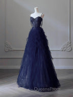 A-Line Sweetheart Neck Tulle Dark Blue Long Evening Prom Dress, Dark Blue Long Graduation Dress with Beads