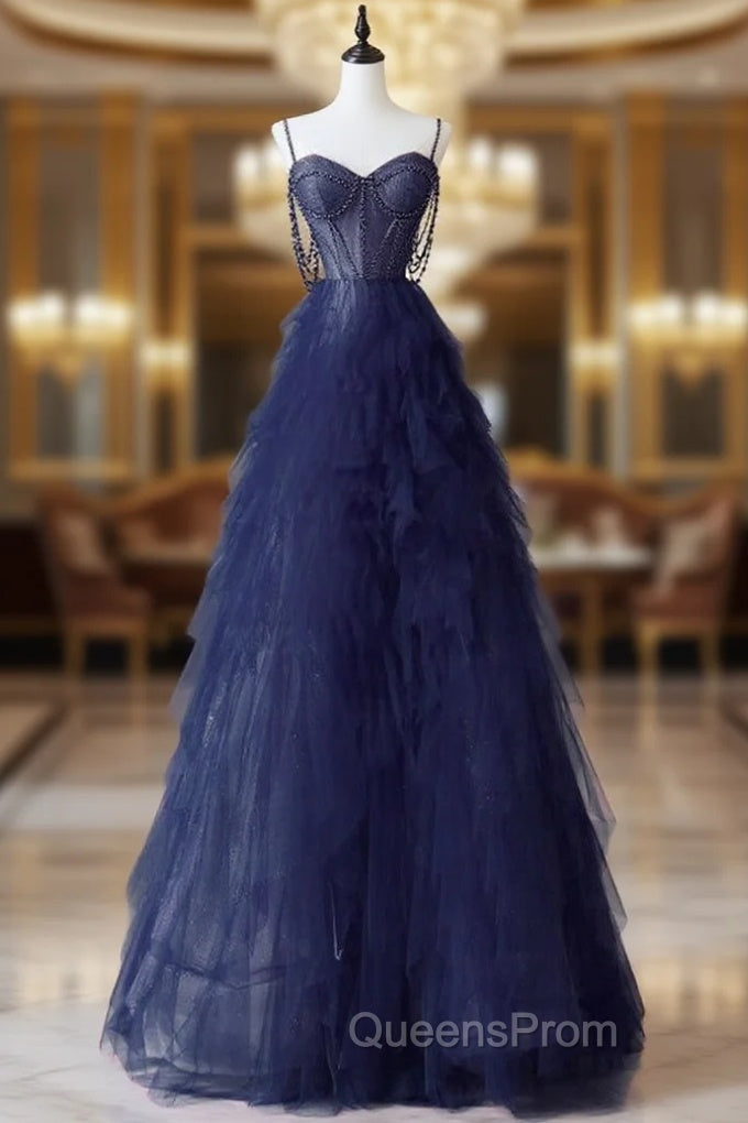 A-Line Sweetheart Neck Tulle Dark Blue Long Evening Prom Dress, Dark Blue Long Graduation Dress with Beads