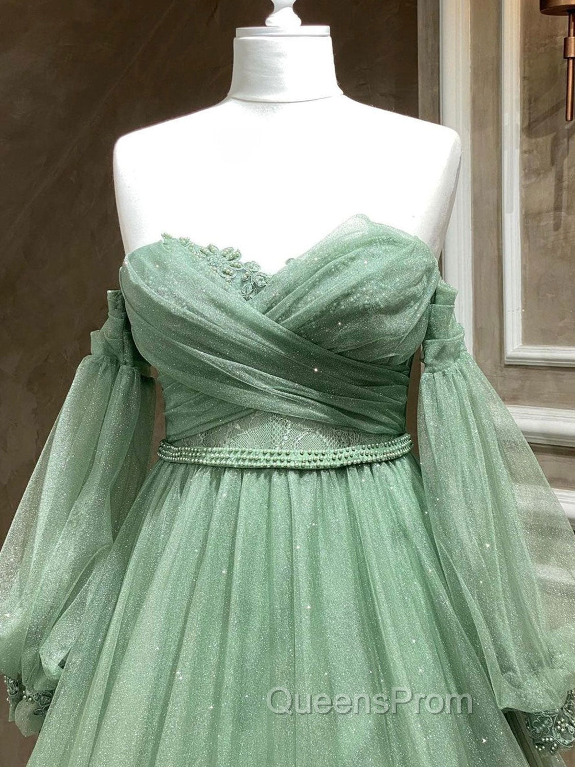 A-Line Sweetheart Neck Tulle Green Long Evening Prom Dress, Green Evening Dress Secondary image