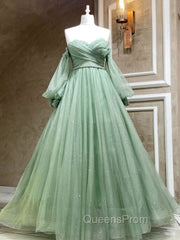A-Line Sweetheart Neck Tulle Green Long Evening Prom Dress, Green Evening Dress