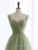 A-Line Sweetheart Neck Tulle Green Long Evening Prom Dress, Green Long Evening Dress