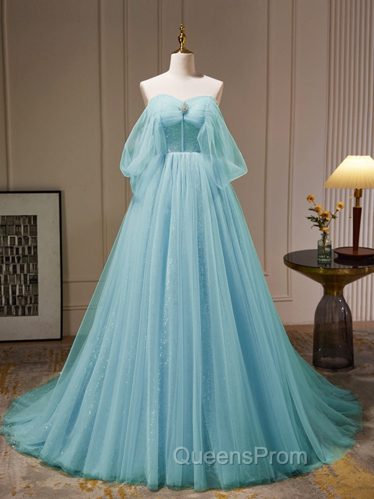 A-Line Sweetheart Neck Tulle Green Long Evening Prom Dress, Green Tulle Long Evening Dress