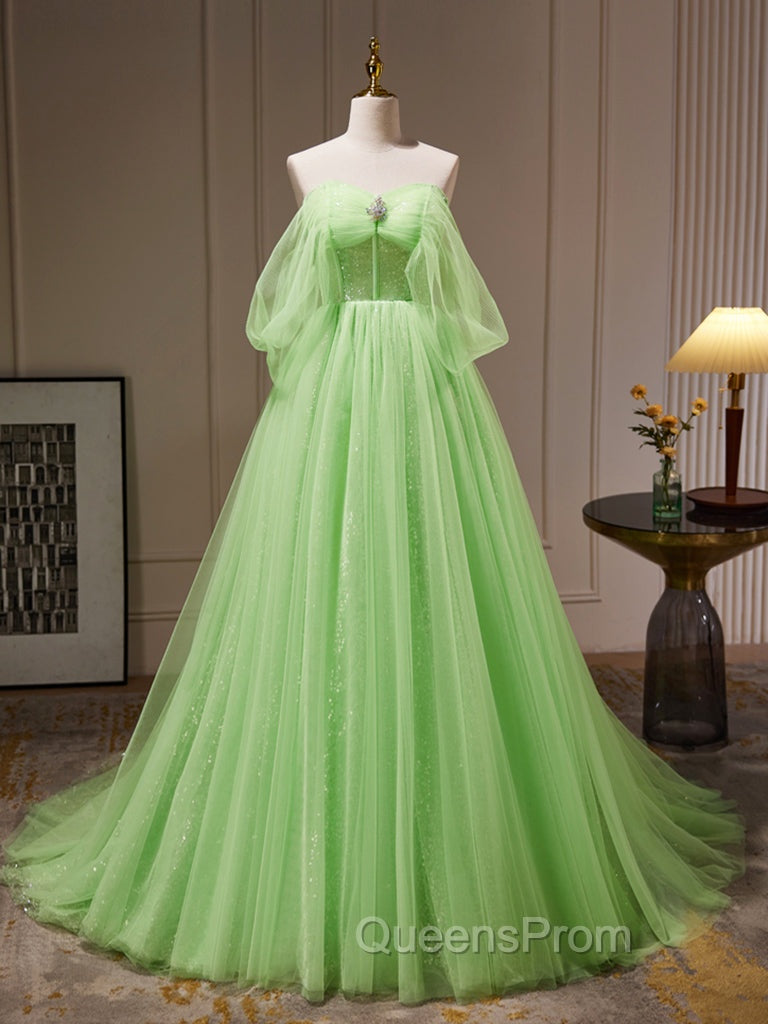 A-Line Sweetheart Neck Tulle Green Long Evening Prom Dress, Green Tulle Long Evening Dress Main image