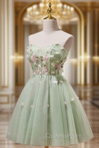 A- Line Sweetheart Neck Tulle Green Short Evening Prom Dress, Green Homecoming Dress