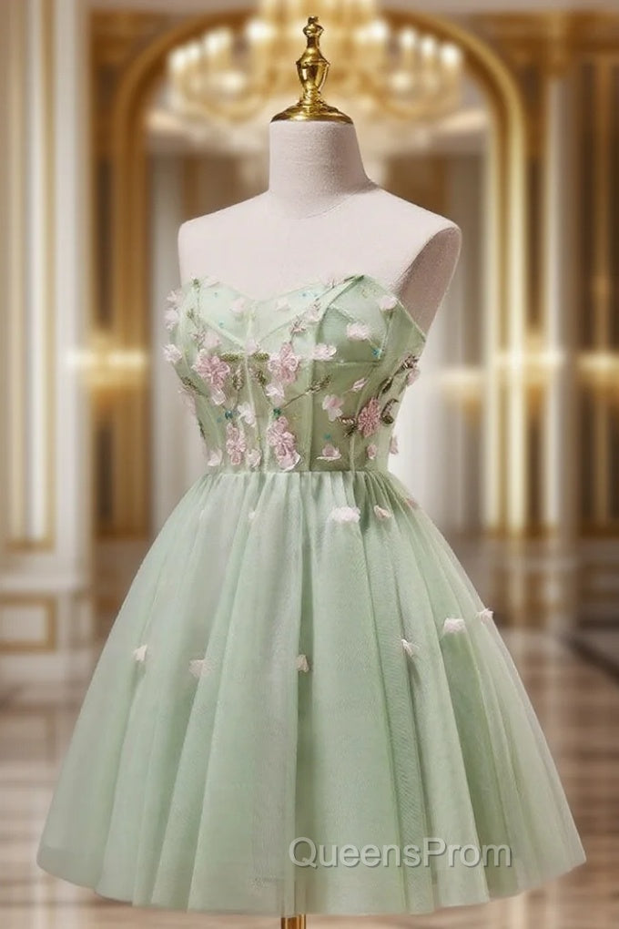 A- Line Sweetheart Neck Tulle Green Short Evening Prom Dress, Green Homecoming Dress