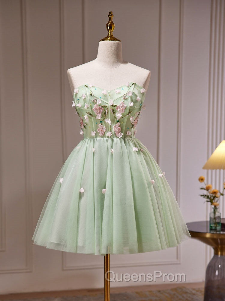 A- Line Sweetheart Neck Tulle Green Short Evening Prom Dress, Green Homecoming Dress