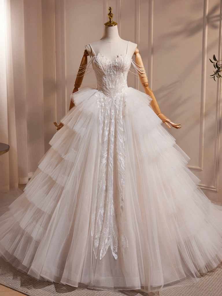 A-Line Sweetheart Neck Tulle Lace Applique Beige Long Classy Prom Dress With Beads Main image
