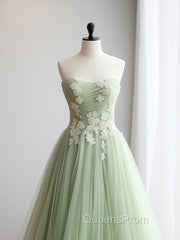 A-Line Sweetheart Neck Tulle Lace Applique Green Long Evening Prom Dress Evening Dress Off Shoulder