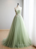 A-Line Sweetheart Neck Tulle Lace Applique Green Long Evening Prom Dress Evening Dress Off Shoulder