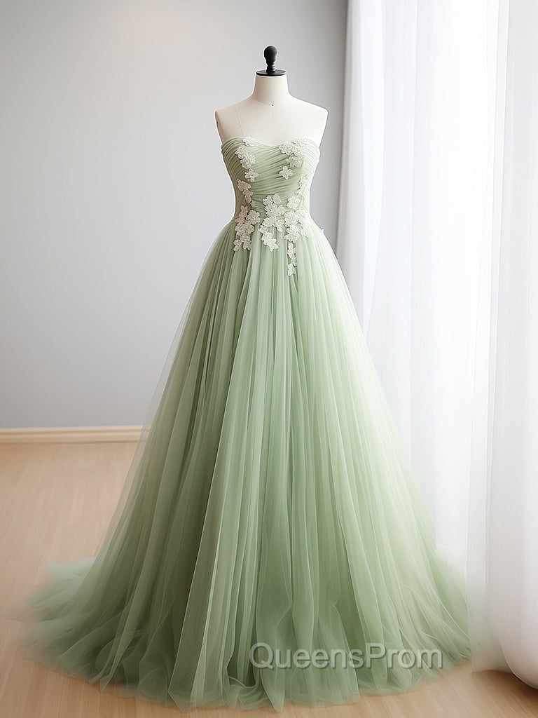A-Line Sweetheart Neck Tulle Lace Applique Green Long Evening Prom Dress Evening Dress Off Shoulder