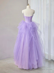 A-Line Sweetheart Neck Tulle Lace Applique Purple Long Prom Dress, Purple Formal Dress
