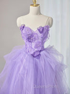 A-Line Sweetheart Neck Tulle Lace Applique Purple Long Evening Prom Dress, Purple Evening Dress