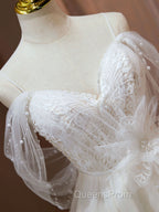 A Line Sweetheart Neck Tulle Lace Beige Short Evening Prom Dress,  Puffy Cute Homecoming Dress