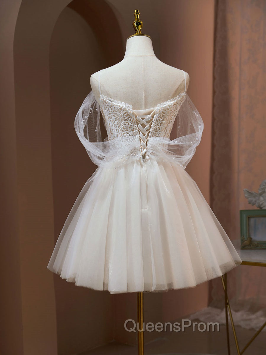 A Line Sweetheart Neck Tulle Lace Beige Short Evening Prom Dress,  Puffy Cute Homecoming Dress