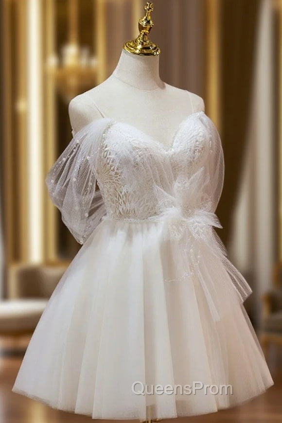 A Line Sweetheart Neck Tulle Lace Beige Short Evening Prom Dress,  Puffy Cute Homecoming Dress