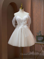 A Line Sweetheart Neck Tulle Lace Beige Short Evening Prom Dress,  Puffy Cute Homecoming Dress