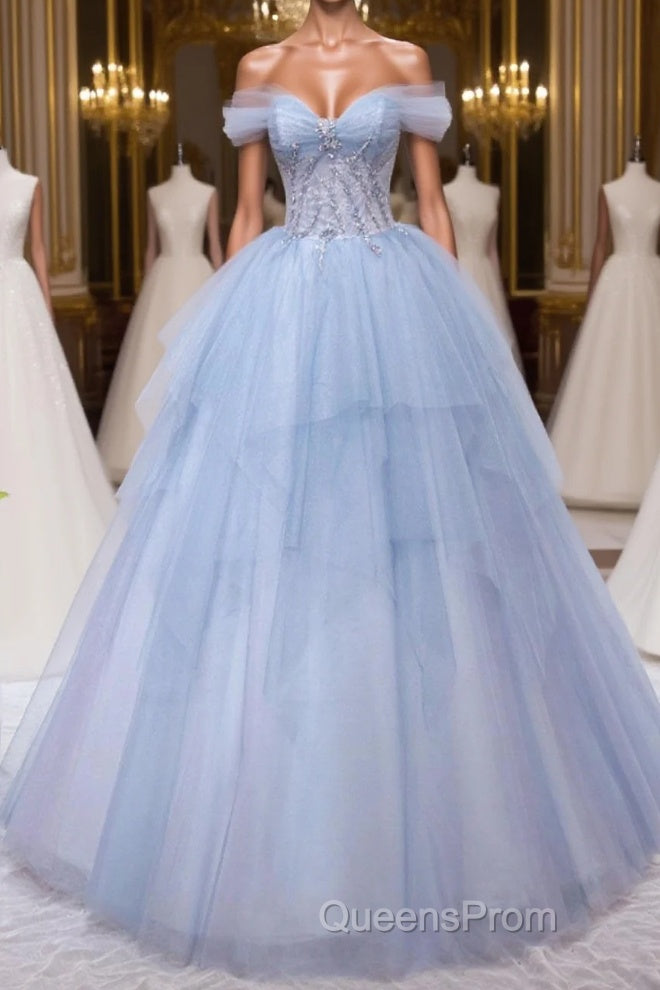 A-Line Sweetheart Neck Tulle Lace Blue Long Evening Prom Dress, Blue Formal Evening Dress Main image
