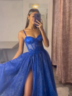 A-Line Sweetheart Neckline Tulle Lace Blue Long Ball Gown Women'S Classy Evening Dress
