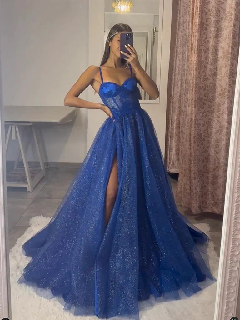 A-Line Sweetheart Neckline Tulle Lace Blue Long Ball Gown Women'S Classy Evening Dress