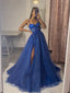 A-Line Sweetheart Neckline Tulle Lace Blue Long Ball Gown Women'S Classy Evening Dress