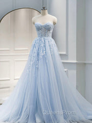 A Line Sweetheart Neck Tulle lace Blue Long Evening Prom Dress, Lace Evening Gown Graduation Dress