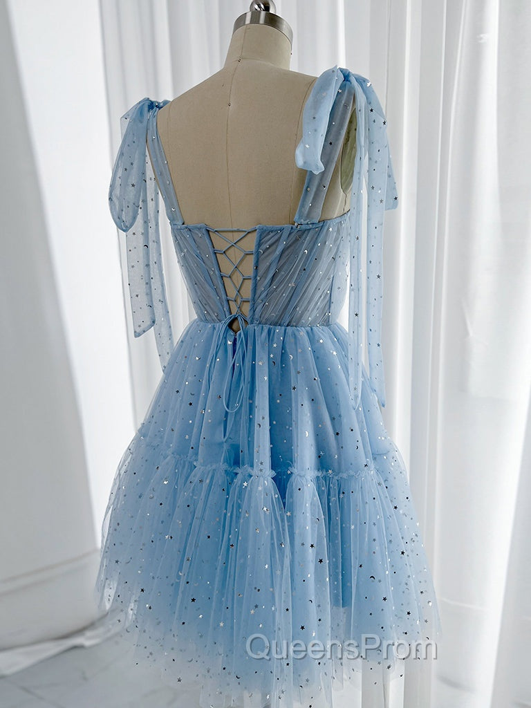 A-Line Sweetheart Neck Tulle Lace Blue Short Evening Prom Dress, Blue Homecoming Dress Secondary image