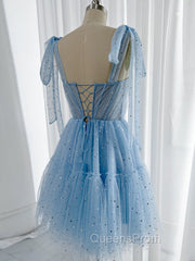 A-Line Sweetheart Neck Tulle Lace Blue Short Evening Prom Dress, Blue Homecoming Dress