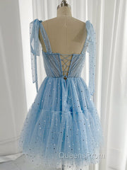 A-Line Sweetheart Neck Tulle Lace Blue Short Evening Prom Dress, Blue Homecoming Dress