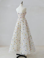 A-line Sweetheart Neck Tulle Lace Flower Beige Long Evening Prom Dress, Beige Long Evening Dress
