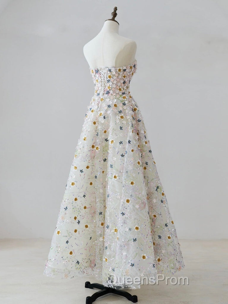 A-line Sweetheart Neck Tulle Lace Flower Beige Long Evening Prom Dress, Beige Long Evening Dress
