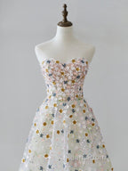 A-line Sweetheart Neck Tulle Lace Flower Beige Long Evening Prom Dress, Beige Long Evening Dress