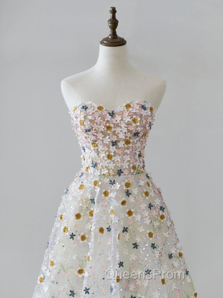 A-line Sweetheart Neck Tulle Lace Flower Beige Long Evening Prom Dress, Beige Long Evening Dress