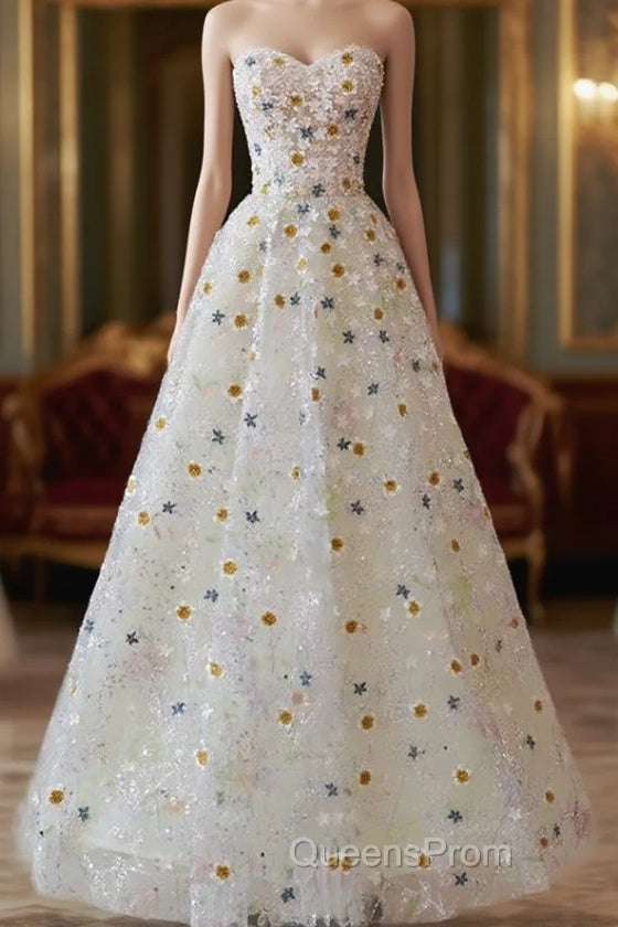A-line Sweetheart Neck Tulle Lace Flower Beige Long Evening Prom Dress, Beige Long Evening Dress