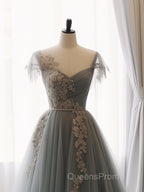 A-Line Sweetheart Neck Tulle Lace Gray Blue Long Evening Prom Dress, Gray Blue Evening Dress